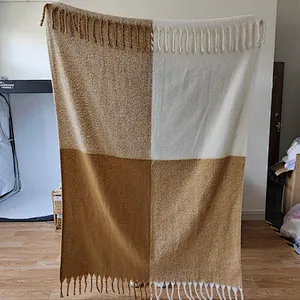 Cozy Light Weight Wearable Polyester Faux Mohair Woven Throw Blanket Plaid Shawl