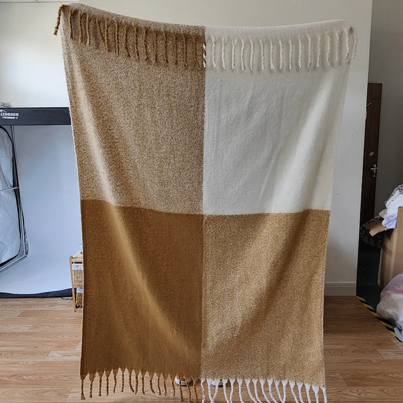 Cozy Light Weight Wearable Polyester Faux Mohair Woven Throw Blanket Plaid Shawl